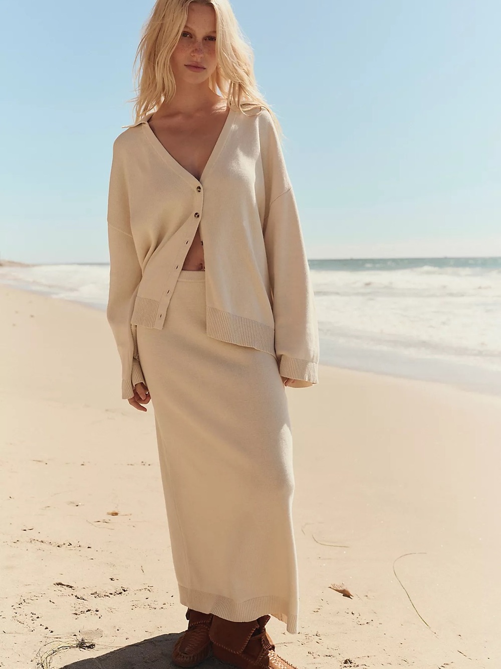 Free People Cream Knit Button-Front Cardigan and Skirt Set
